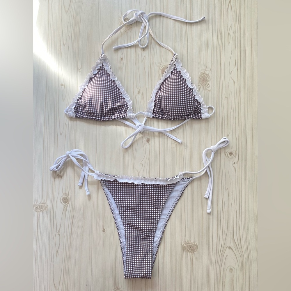 brown gingham bikini set